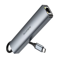 USB HUB Borofone DH16 6in1 (Type-C to HDMI+PD+USB3.0+USB2.0x2+RJ45) 0.15m Grey - Photo 2