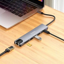USB Hub Hoco DUP09 (Type-C to USB 2.0+3.0+HDTV+SD+TF+RJ45+PD) Grey - Фото 2