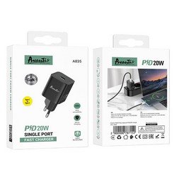 Мережевий зарядний пристрій Avantis A835 PD 20W + Type-C to Type-C cable Black - Фото 1