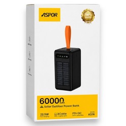 Power Bank Aspor A376 60000mAh Solar Outdoor Power 22.5W+20W 3 Cable Black - Photo 1