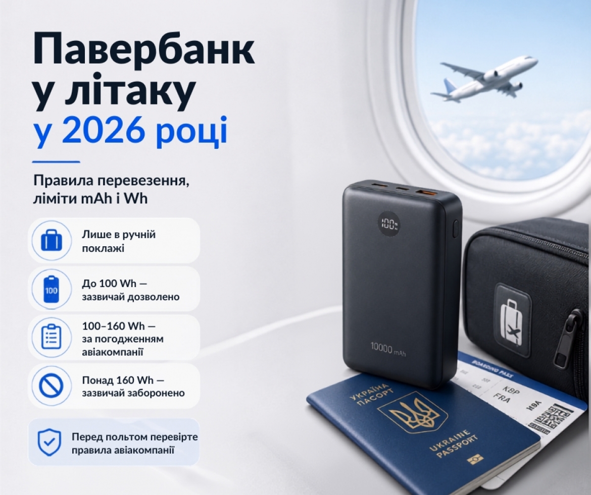 Павербанк у літаку у 2026 році: правила перевезення та ліміти Wh